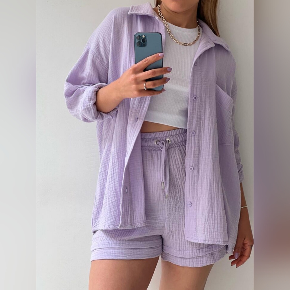 Texture Button Up Shirt and Drawstring Shorts Set